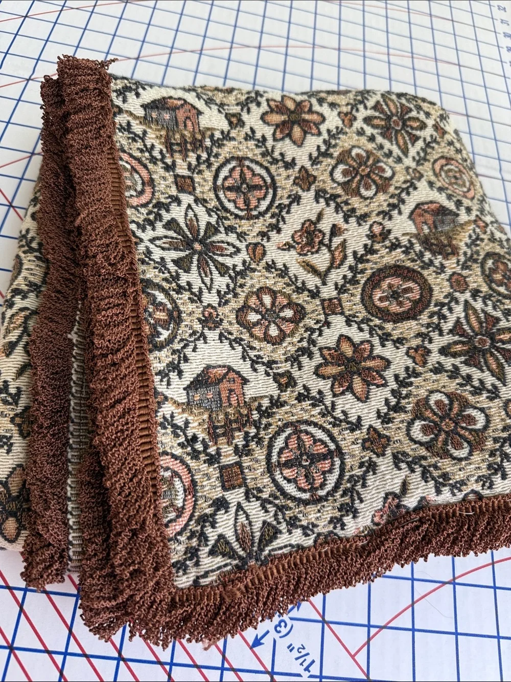 Vintage Folk Art Jacquard Woven Throw Lap Blanket Barn Floral Fringe 50x40